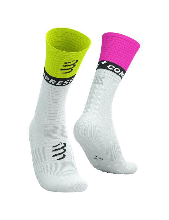 Compressport Unisex's Mid Compression Socks v2.0 - White/Yellow/Neon Pink